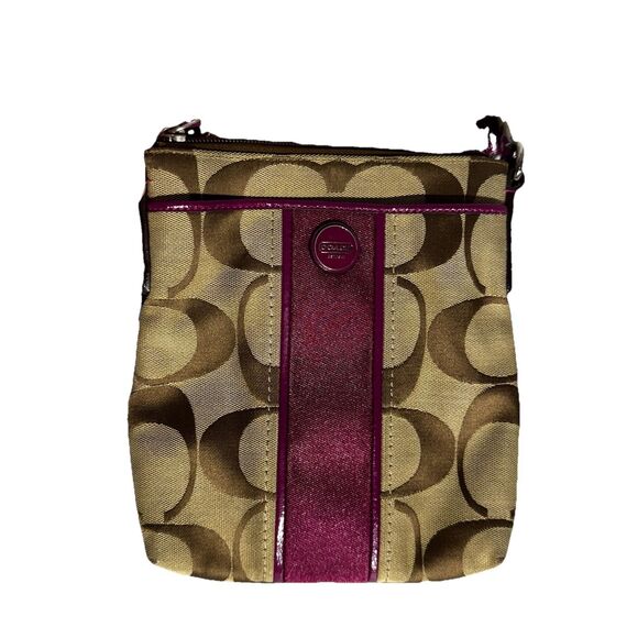 Coach Signature Stripe Shoulder Bag Crossbody Swingpack Berry - Picture 2 of 12